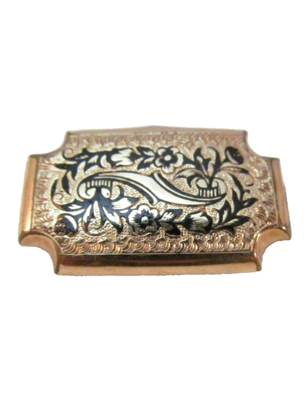 Antique Victorian Gold Filled Floral Etched Black Enamel Accent Pin Brooch